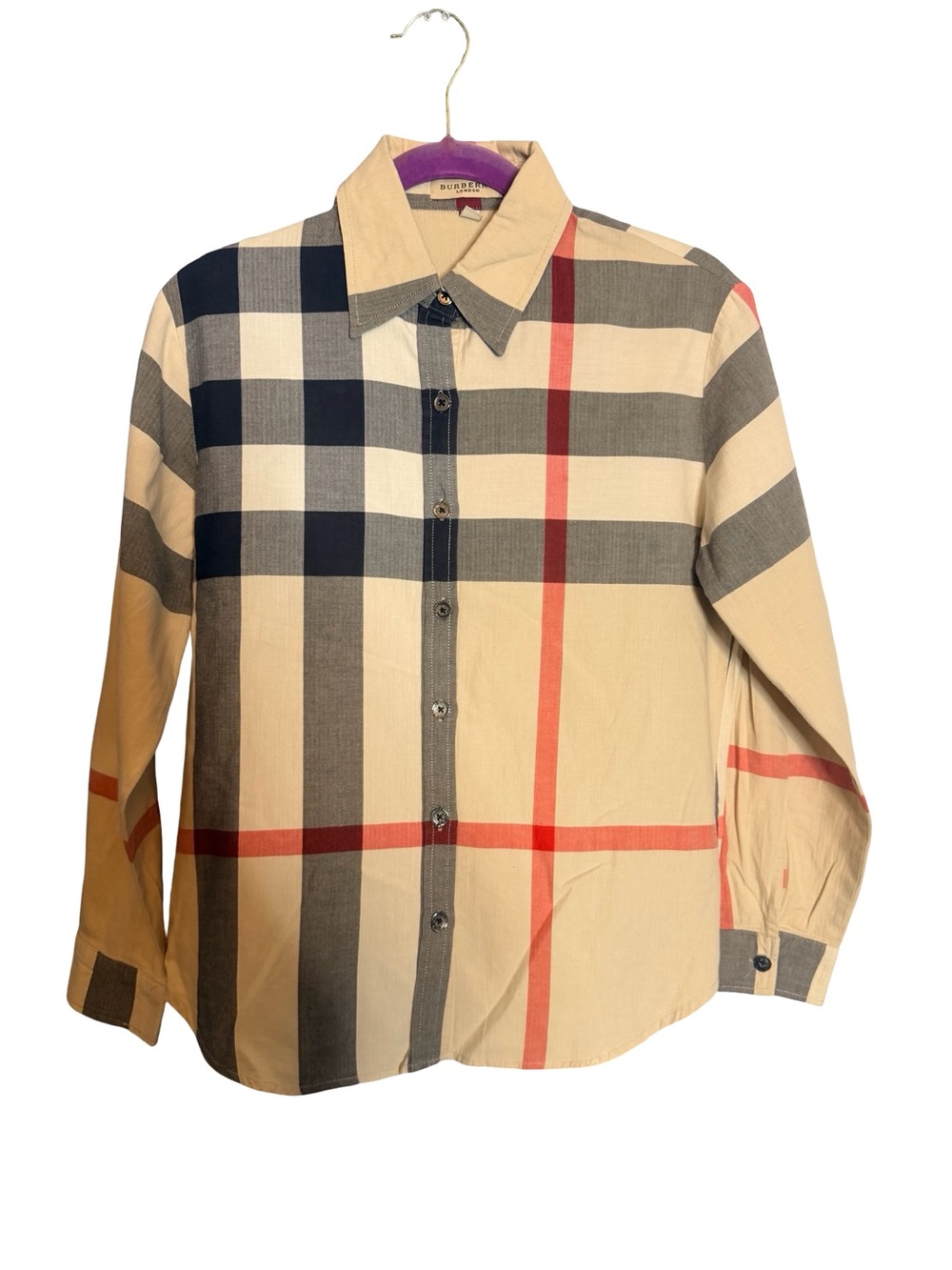 Burberry Kids Beige Plaid Button-Down Shirt with classic Chex plaid Stripes XL